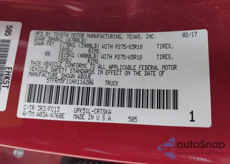 2017 Toyota Tundra Sr5 4.6L V8 from USA, damaged, VIN 5TFRM5F11HX116206